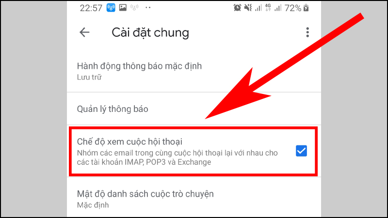  Trong giao diện n&agrave;y bạn t&igrave;m tới mục Chế độ xem cuộc hội thoại rồi tắt thiết lập n&agrave;y l&agrave; được.
